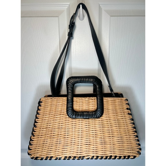 BCBGMaxAzria Handbags - BCBGMAXAZRIA Wicker Whipstitch Woven Straw Top Handle Bag Black Leather Trim